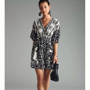 Anthropologie Farm Rio linen Puff-Sleeve Mini Dress adjustable waist Sz S NWT